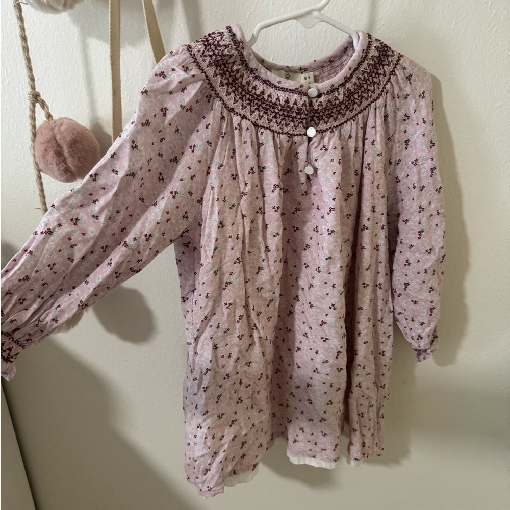 Girls' Pink Floral Smocked Long-Sleeve Dress